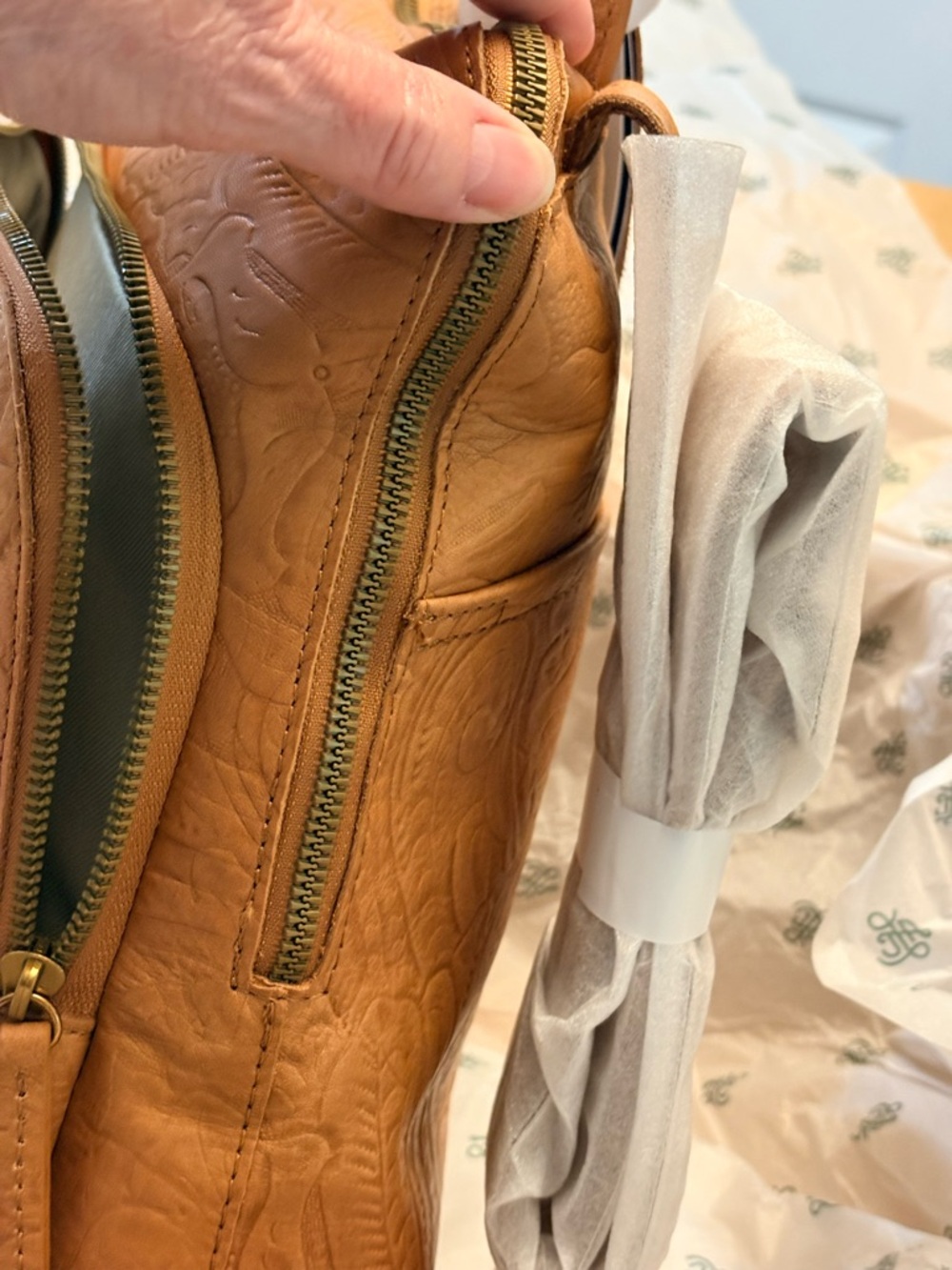 NWT Embossed Floral Leather Backpack - American Leather - Tan - Picture 3 of 11